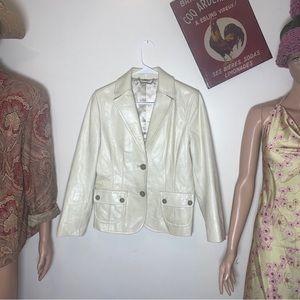 Ann Taylor Peachy Tan Genuine Leather  Beige Two Button 3/4 Sleeve Blazer Sz 8